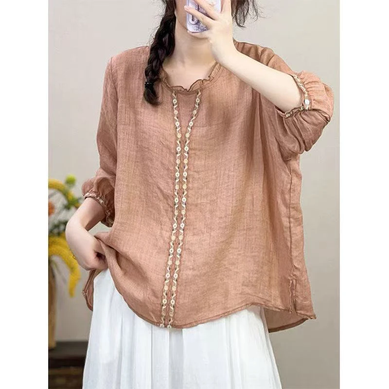 夏季薄款刺绣木耳边文艺宽松气质上衣时尚百搭纯色大码复古休闲T