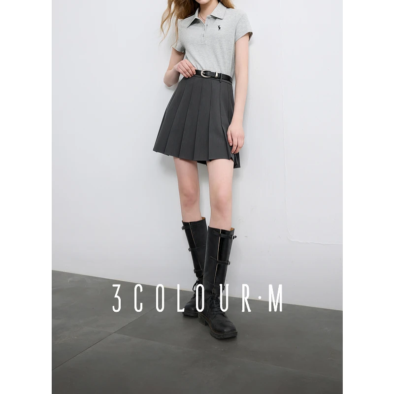 三彩2025春季新款miu系灰色收腰百褶裙半身裙A字短裙小个子M