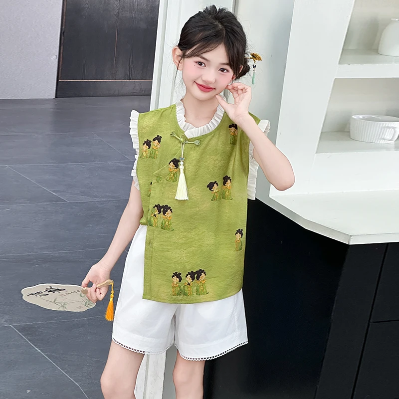 女童夏装新中式国风套装7-15岁女孩洋气古风爆款背心短裤两件套潮