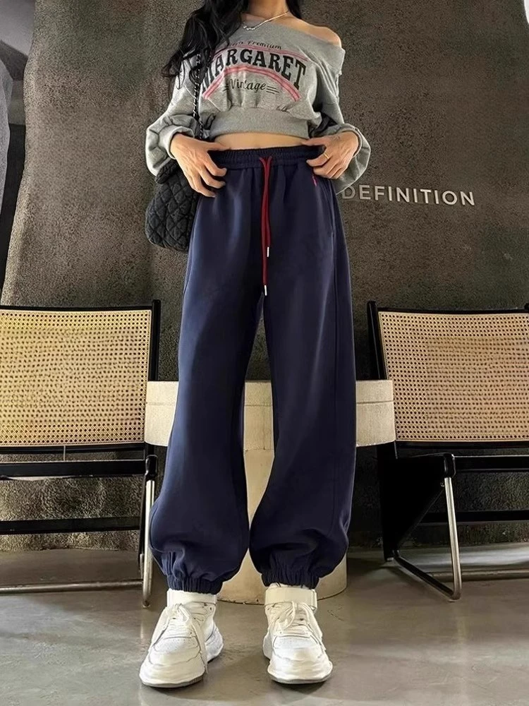 休闲裤抽绳高腰秋冬宽松韩版休闲藏蓝色阔腿裤刺绣裤子女款运动