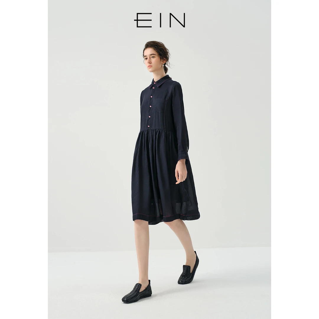 EIN/言【轻氧亚麻】文艺小立领后开襟撞色七分袖连衣裙夏季新款
