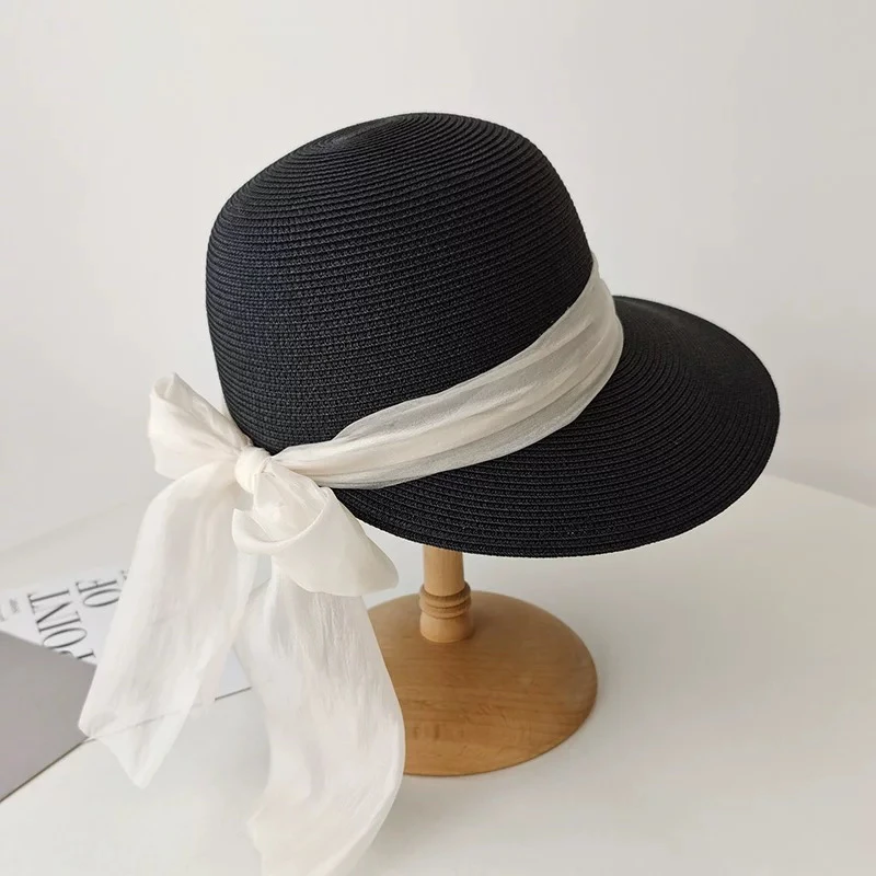 法式飘带蝴蝶结草帽女遮阳夏季草编防晒太阳帽子海边大帽檐沙滩帽