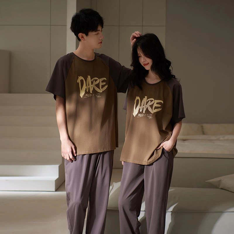 韩版小众睡衣女夏季情侣装短袖长裤薄款休闲套头可外穿家居服男款