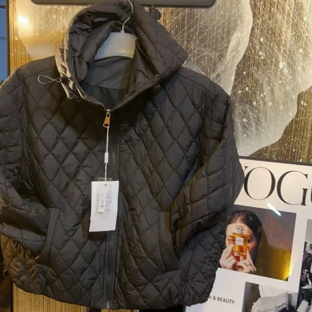 冬季连帽菱格轻薄宽松夹棉外套女百搭减龄2025新款女装棉服