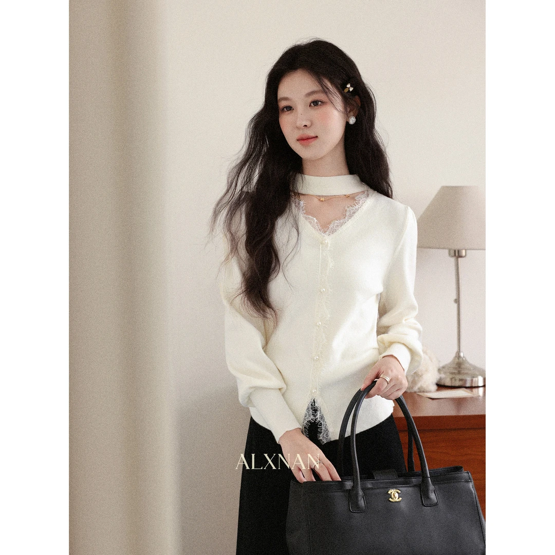 鹿向南「花语鸟鸣」杏色蕾丝拼接长袖针织衫女秋冬修身叠穿上衣套装