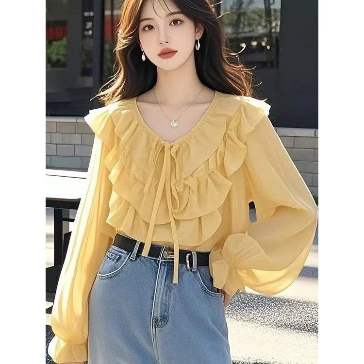 绝美哭了！一眼迷上！好看独特漂亮洋气设计感紫色荷叶边V领衬衫女