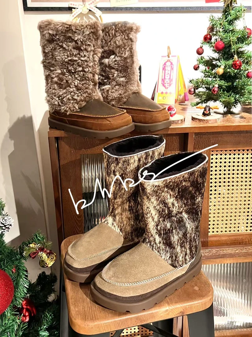 029设计师款结构设计拼接拼色雪地靴羊皮毛一体疯马皮保暖加厚