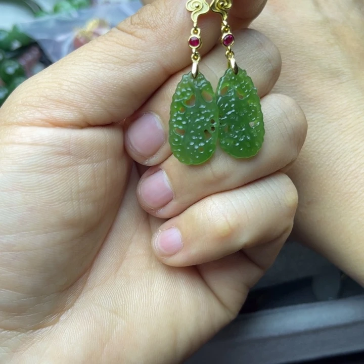 和田玉耳饰银S925镀金镶嵌