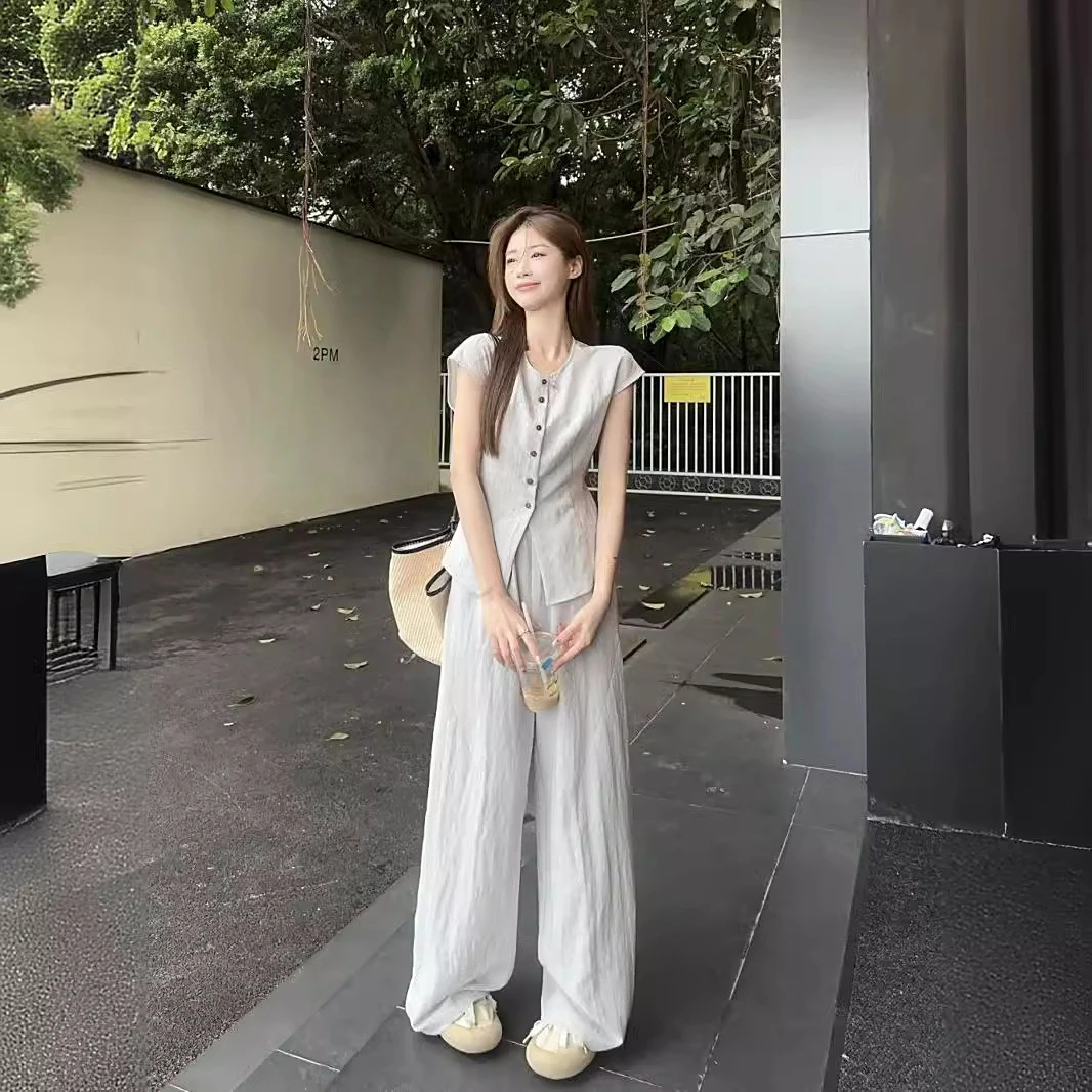 休闲法式系带复古修身别致衬衫无袖阔腿气质裤女显瘦时尚夏季