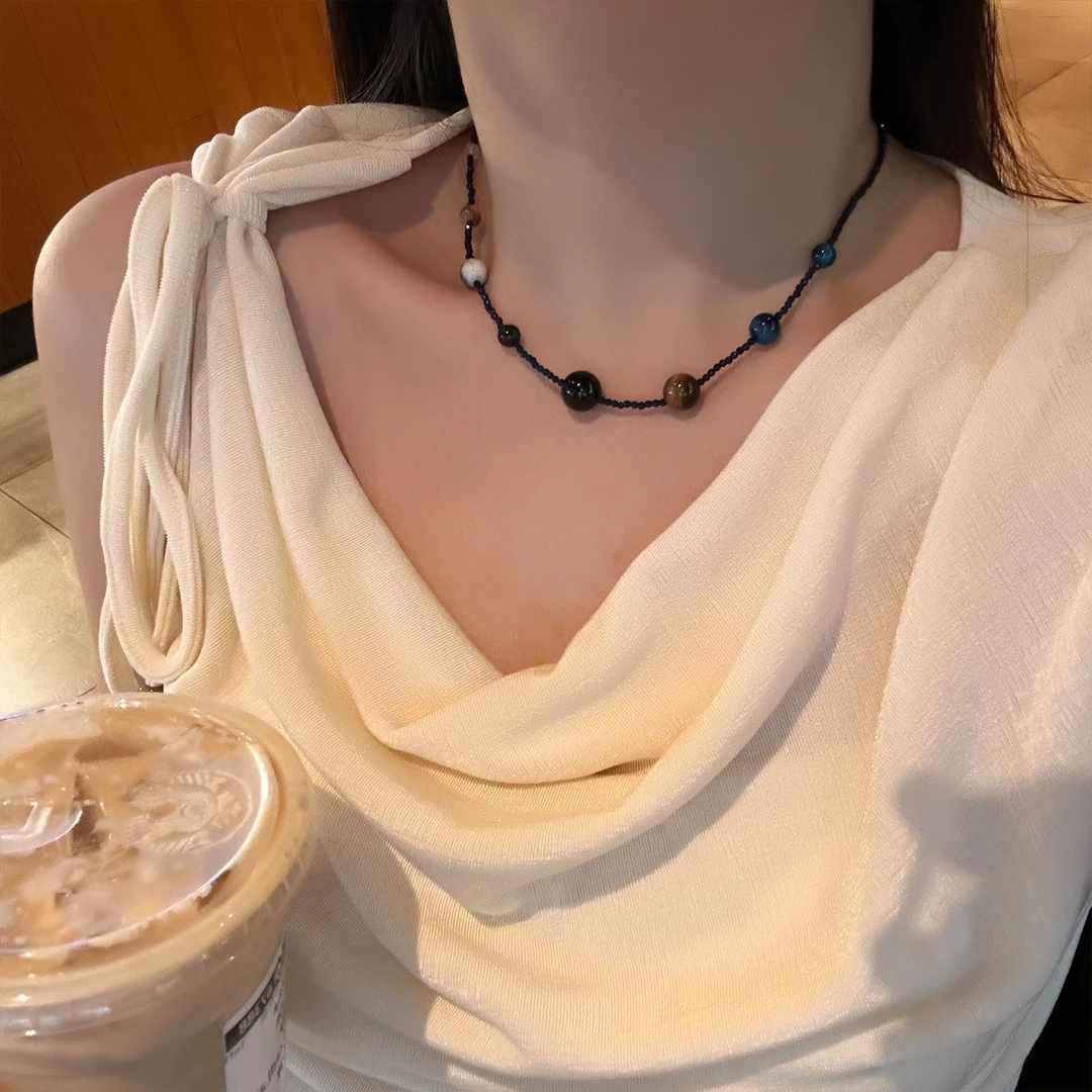 oushipei/欧诗佩 铜合金项链 国风复古蓝色串珠项链气质百搭颈链