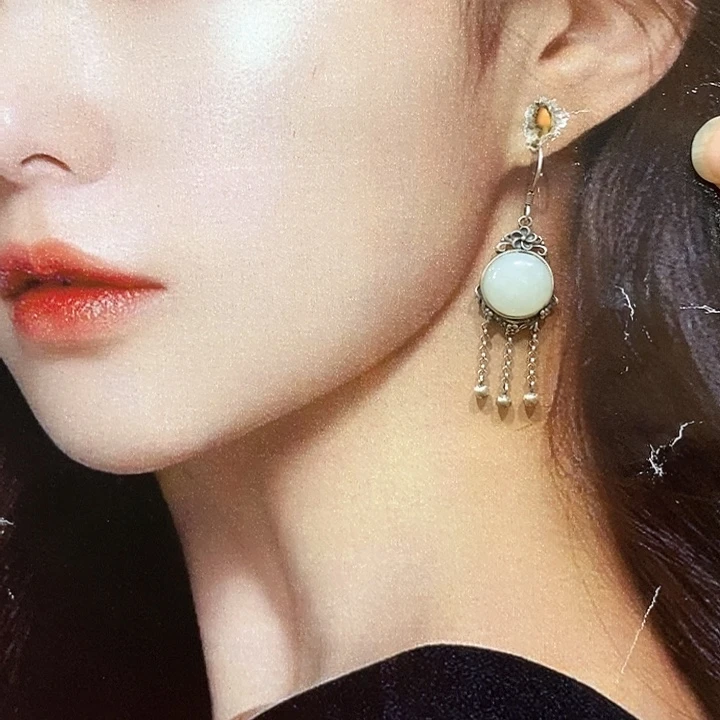 蛇纹石玉银S925镶嵌耳钉