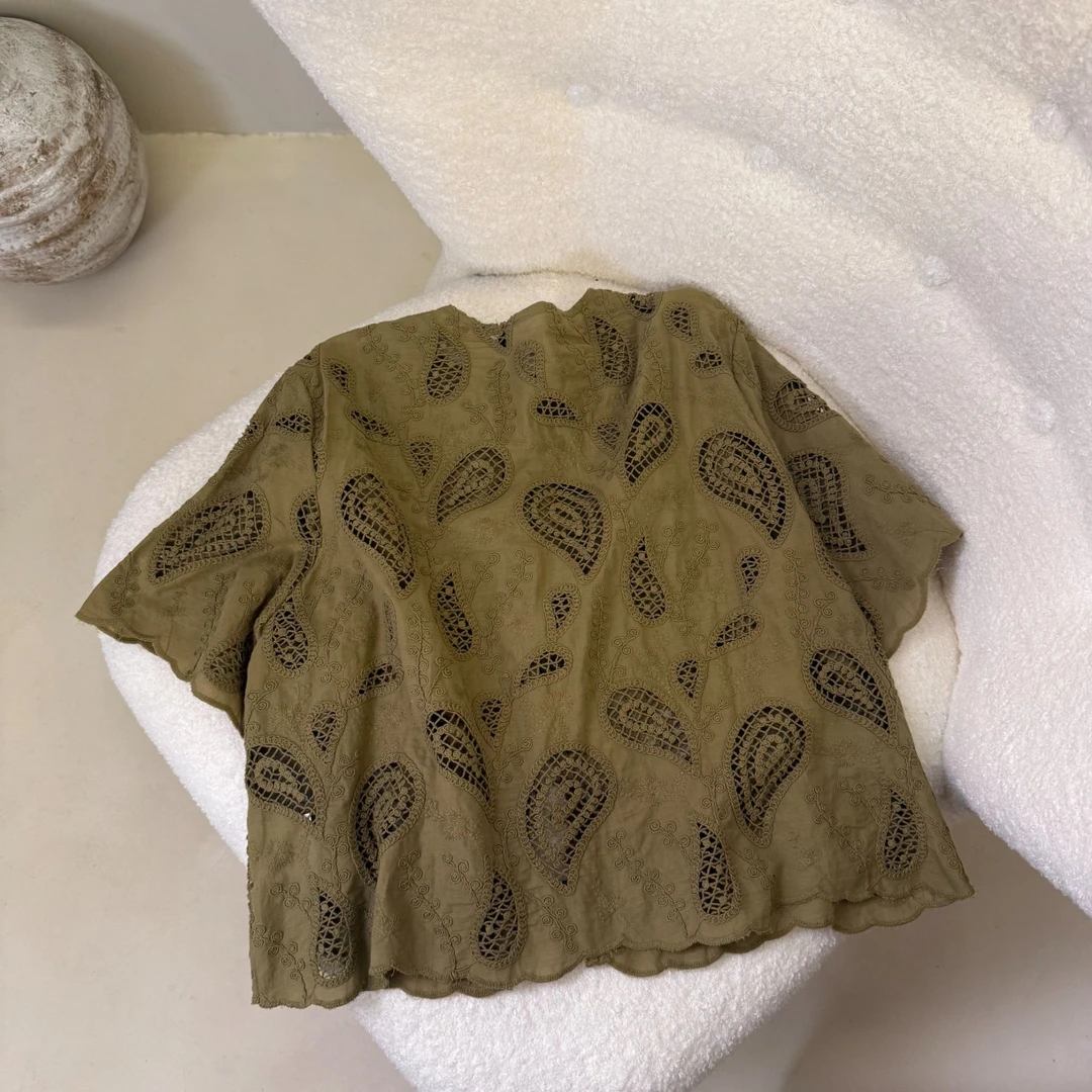 【塔鹿蕾】设计师休闲气质薄款蕾丝钩花镂空短袖开衫短款上衣0463