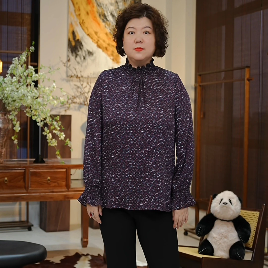 金雀绫【青崖紫梦】桑蚕丝设计师立领龙鳞纹加宽加大衬衫SZA2SW559
