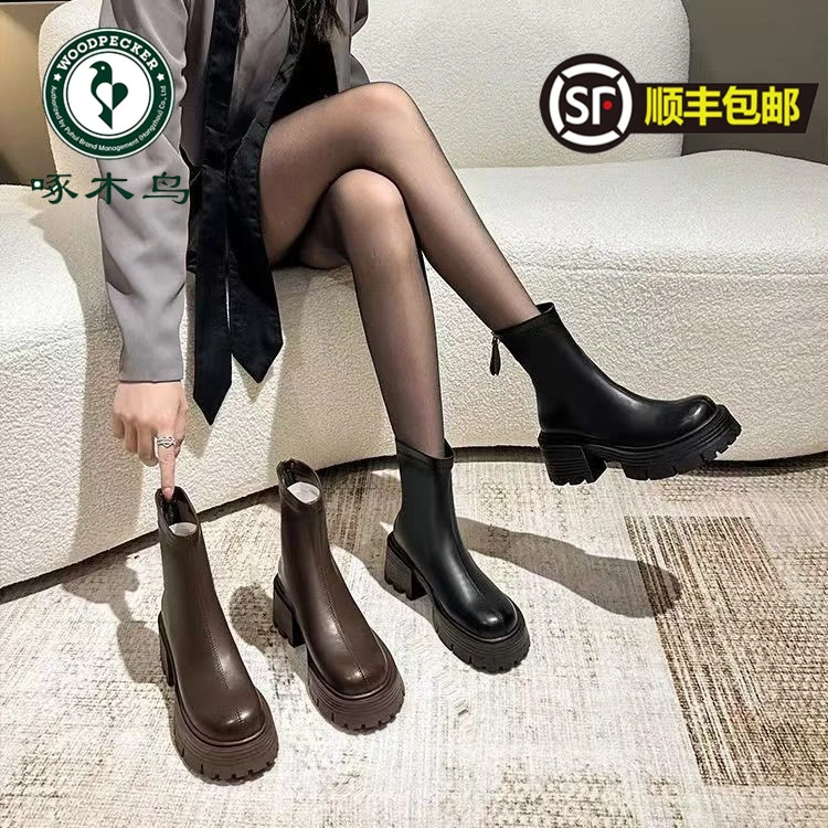 啄木鸟短靴女款2025春秋季单靴英伦棕色黑色厚底粗跟高跟马丁靴
