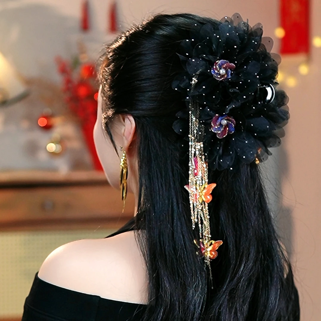 （七彩蝴蝶）新年款国风炫彩蝴蝶花朵流苏抓夹超仙气质鲨鱼夹头饰
