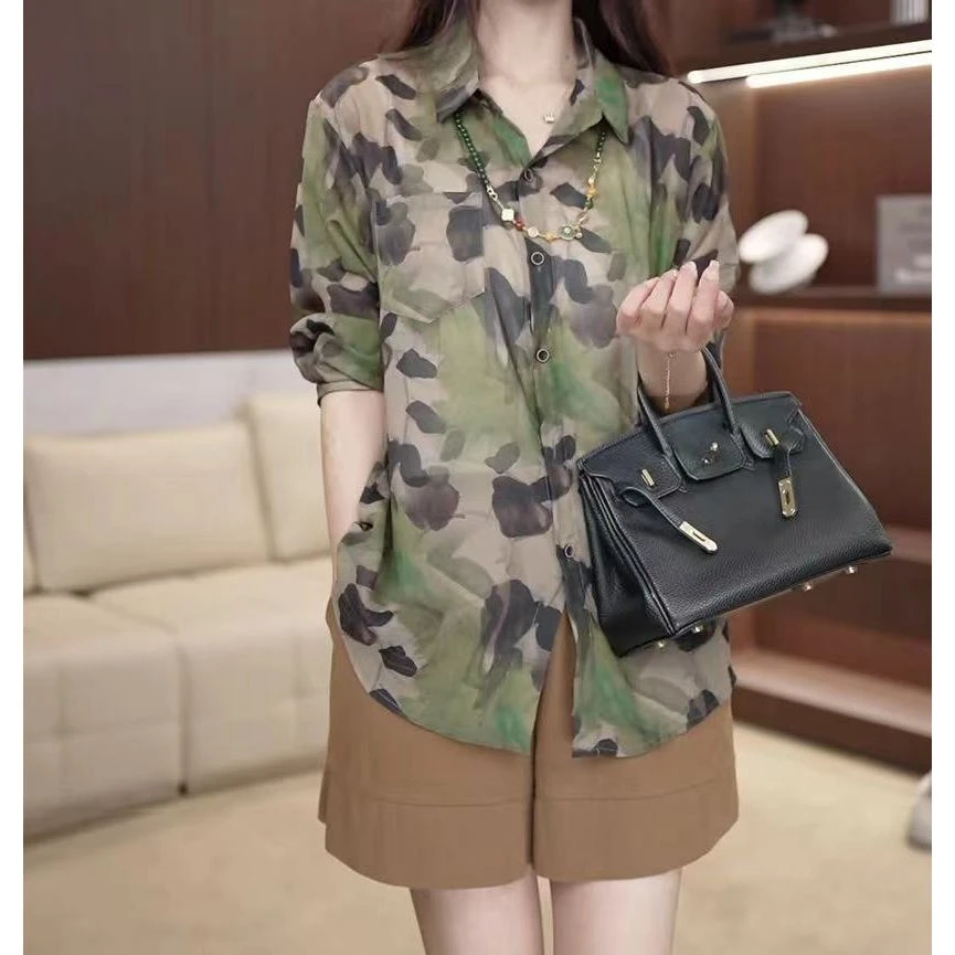 【云山香草】复古显瘦百搭民族风皱褶碎花衬衫女防晒衣空调衫2931