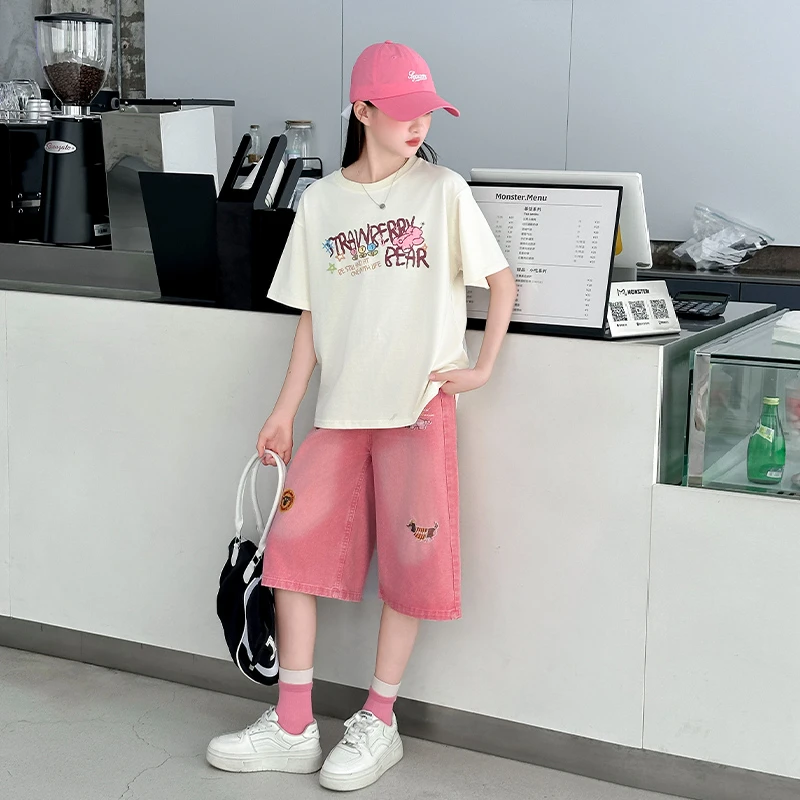 女童卡通刺绣儿童宽松夏季女孩短袖短裤套装2025中大童5-12岁15岁