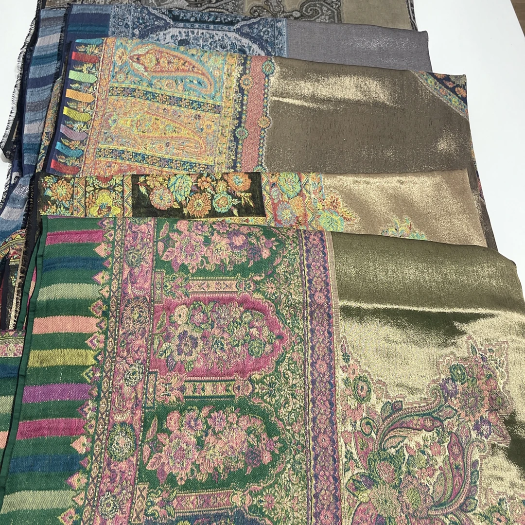 A YN 458 大版双面zari金线精工版四边框卡尼克什米尔围巾披肩