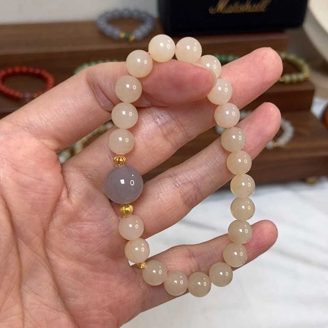 和田玉18K金镶嵌手链8mm熟藕粉
