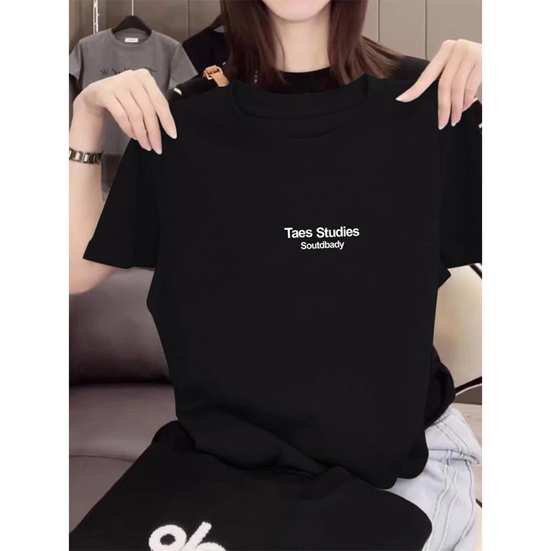 2025新款正肩圆领短袖t恤女装时尚休闲百搭洋气减龄黑色上衣夏季