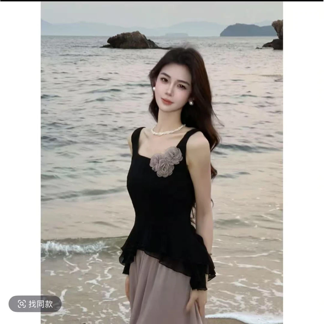 法式高级感立体花朵吊带上衣夏季新款气质高腰显瘦半身裙子两件套