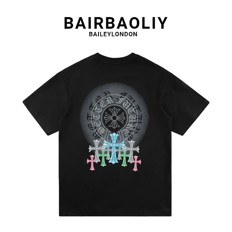 BAIRBAOLIY高端轻奢潮流重工男士短袖复古多色十字架春夏美式T恤