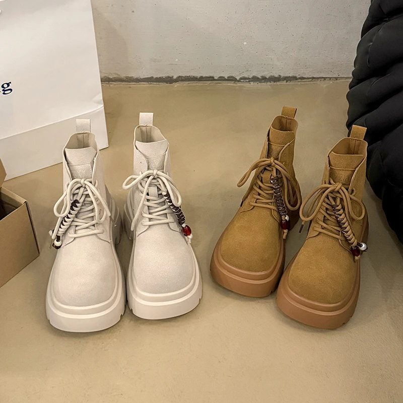 英伦风马丁靴女款夏季2025新款复古小个子厚底短靴增高机车大黄靴