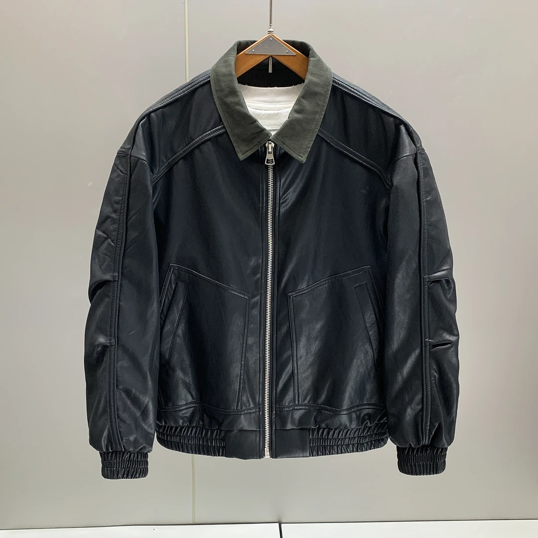 美式潮牌痞帅慵懒感男士PU皮夹克秋季新款时尚百搭拼色翻领外套男