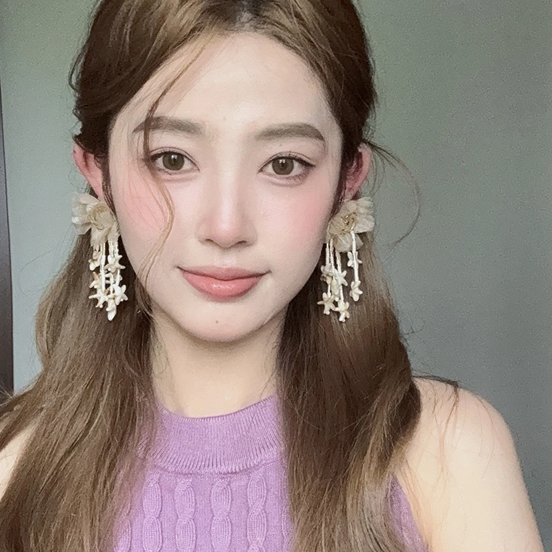 oushipei/欧诗佩 非金属布艺耳饰 度假风轻纱花朵海星耳钉耳环