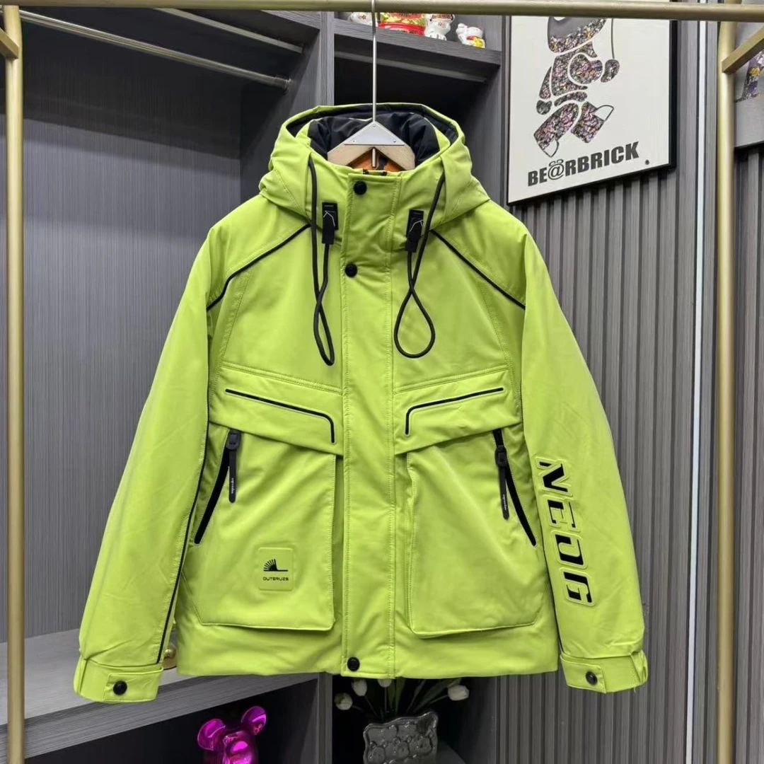 新款工装机能风连帽羽绒服男荧光绿多口袋户外加厚保暖冲锋衣外套