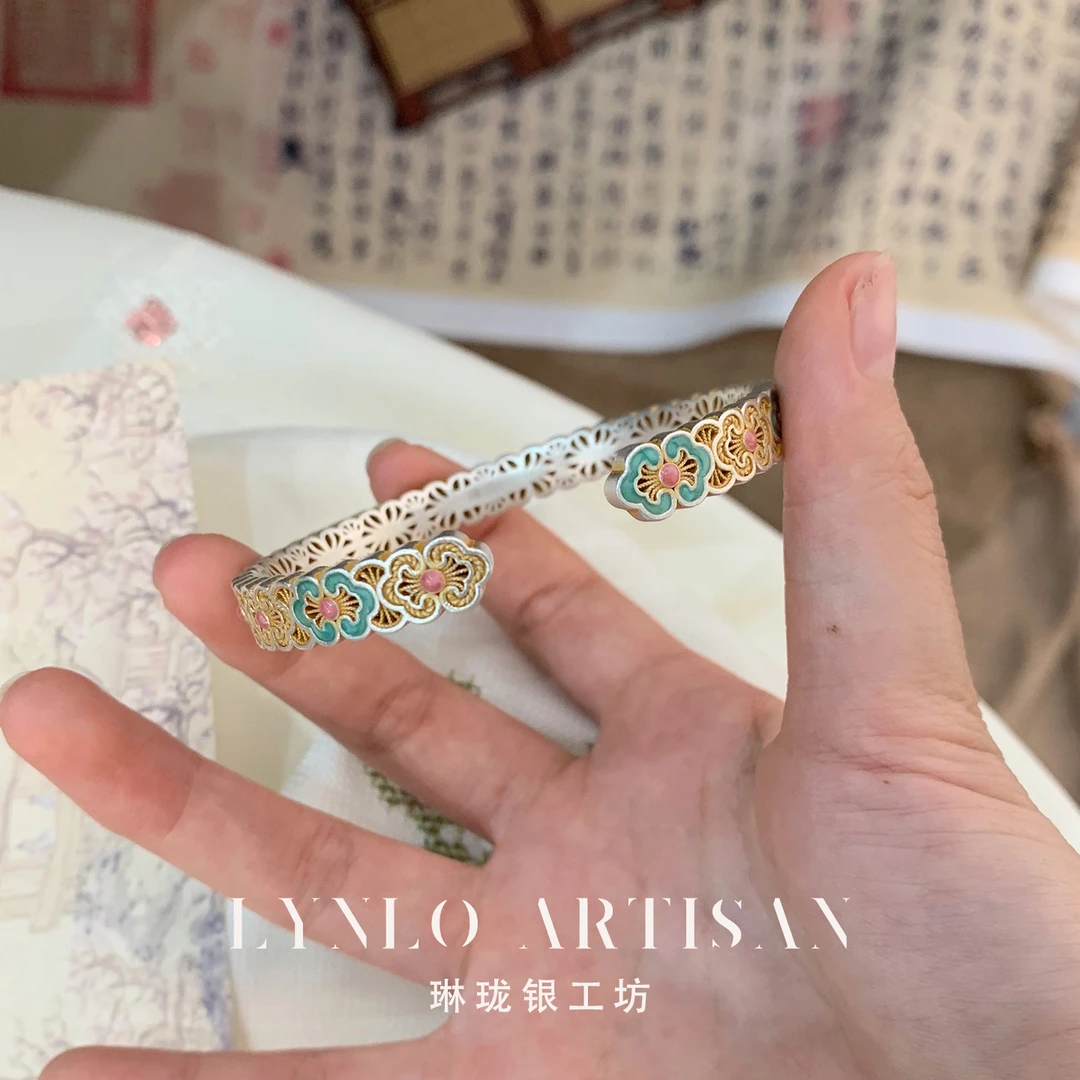 足银手镯 琳珑银工坊足银999.9珐琅彩如意镂空花丝足银999手镯
