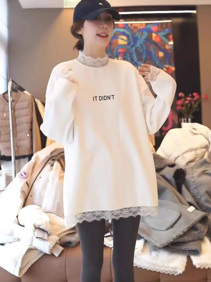 蕾丝拼接花边长袖t恤女冬季内搭打底衫中长款遮屁股加绒加厚上衣