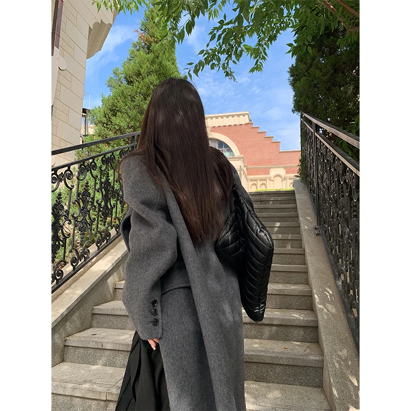李洒洒子SaSa 秋冬毛呢外套女微胖显瘦灰色长款双面呢大衣100羊毛