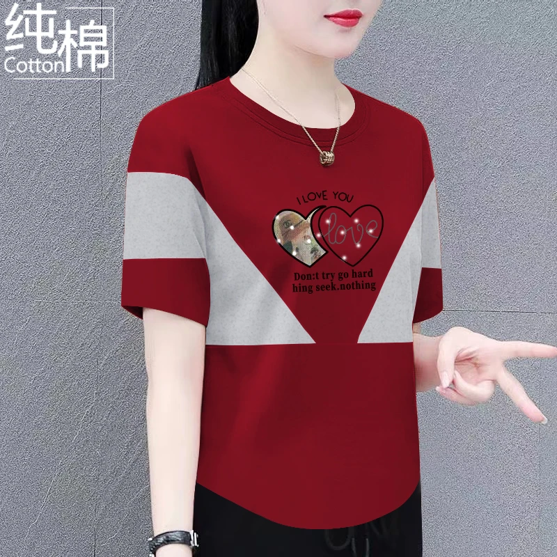 夏季新款纯棉短袖t恤女士韩版宽松显瘦洋气百搭时尚拼接圆领上衣
