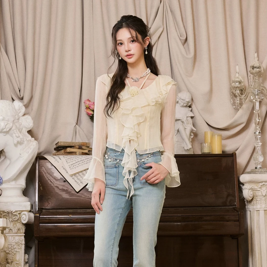 Three Quarters 秋冬新款金线刺绣飘带女士衬衫