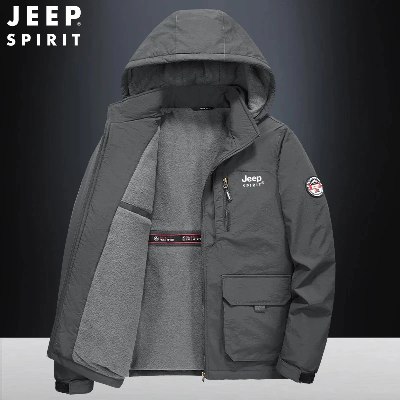 Jeep吉普棉服加绒加厚防风防水保暖夹克多口袋秋冬大码工装男外套