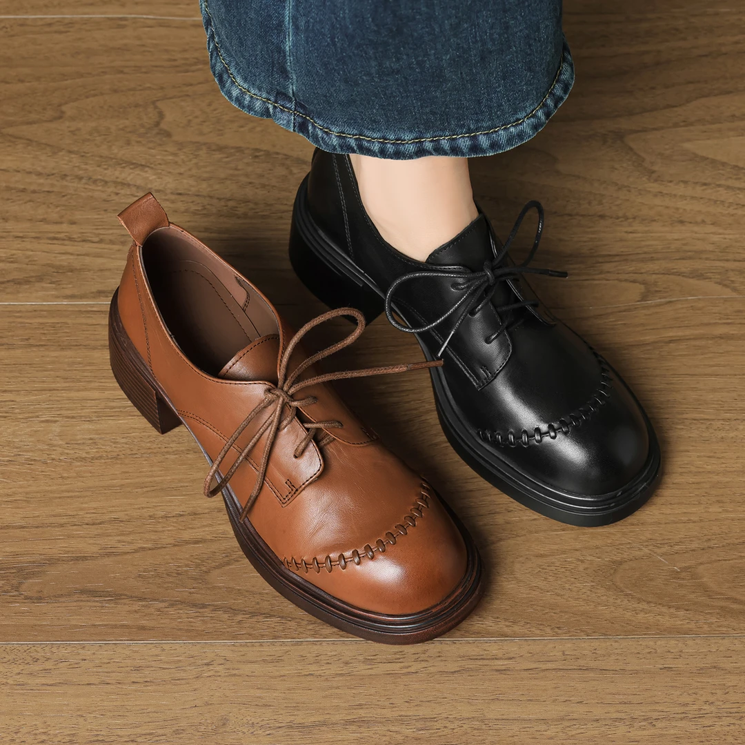 诗宝斐尔 粗跟5复古圆头系带小皮鞋女春秋深口单鞋真皮百搭高跟鞋