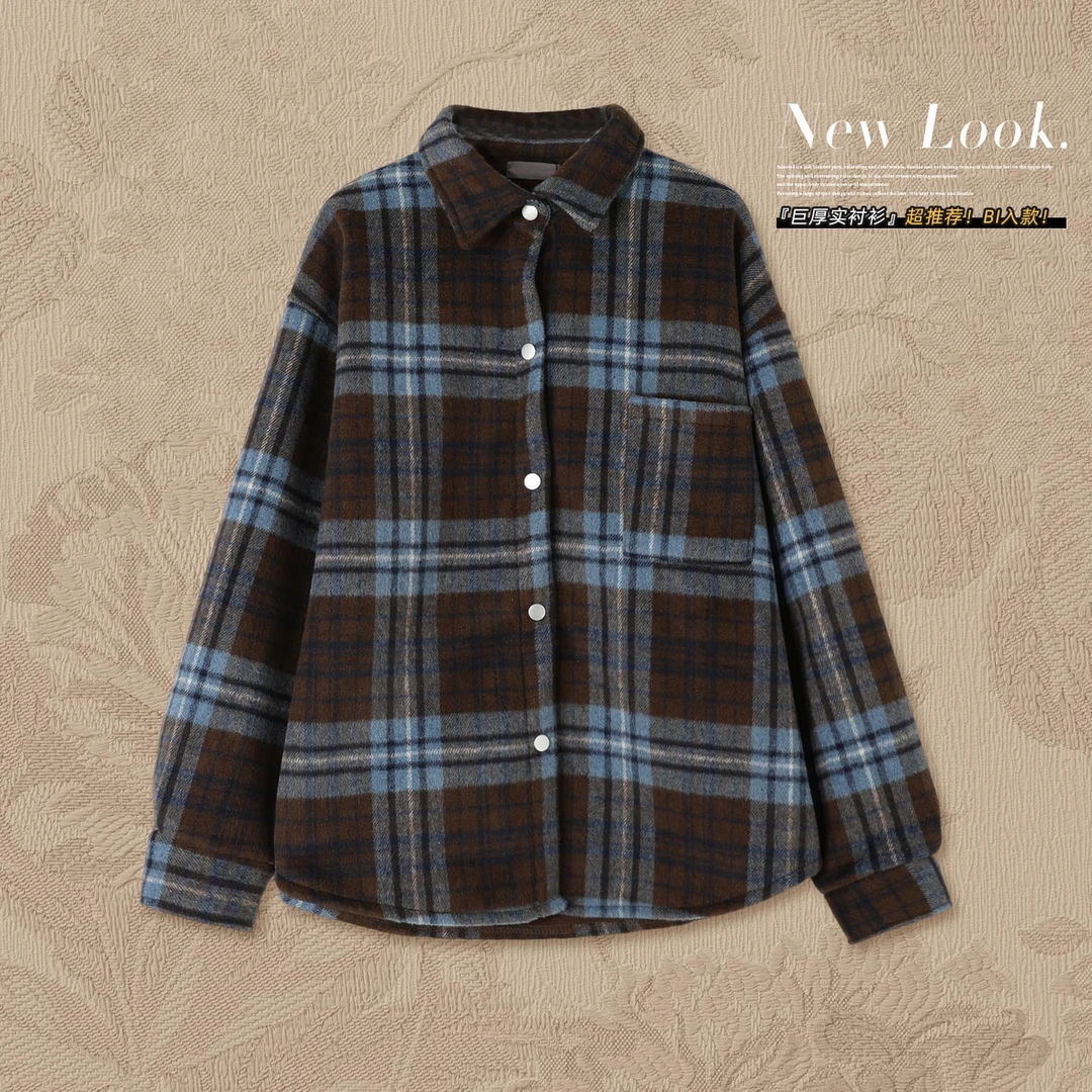 Glele私服「巨厚实衬衫」加绒内里蓝咖格色系宽松毛呢大版衬衫