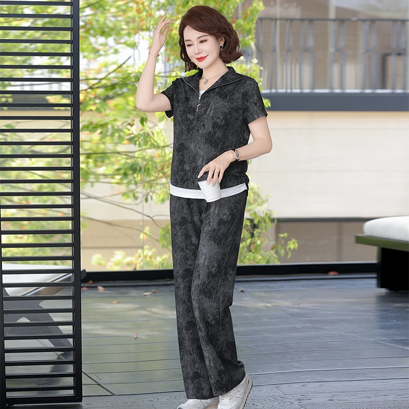 海军领休闲风长裤时尚中年夏装气质显瘦妈妈装夏季女装宽松减龄