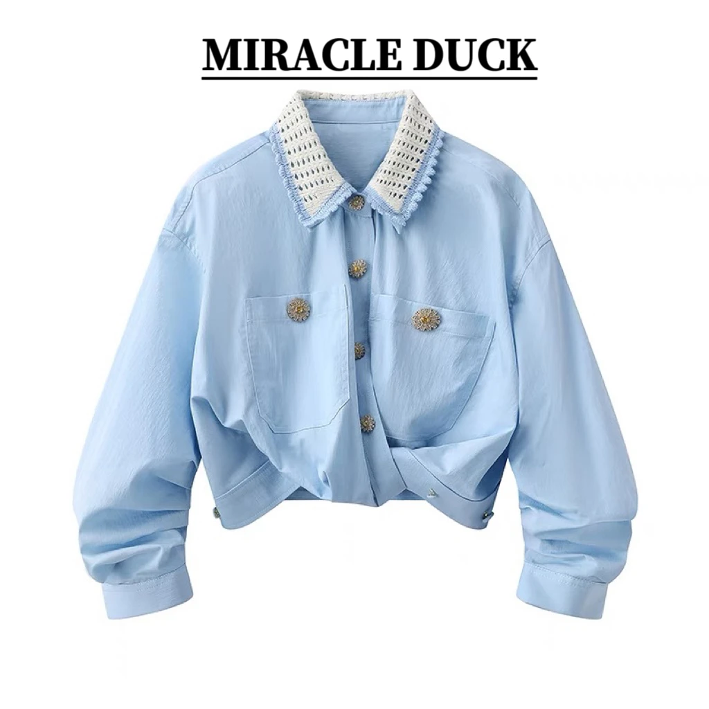 【碧蓝海洋】春夏新款假两件高腰扭结设计女装衬衫上衣C1564