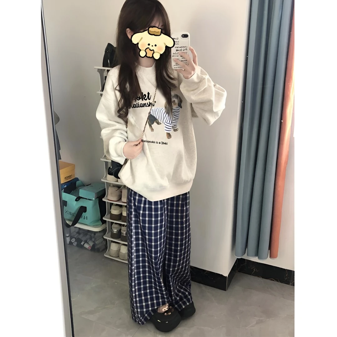 【条纹腊肠狗】美式复古慵懒风chic圆领卫衣爆款秋冬设计感长袖上衣