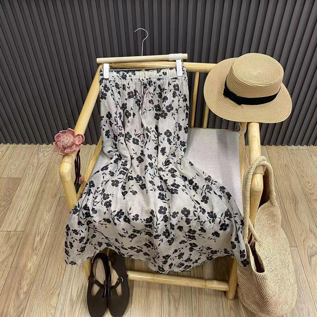 早秋复古印花高腰苎麻半身裙内衬宽松百搭中长款A字裙女Q25000