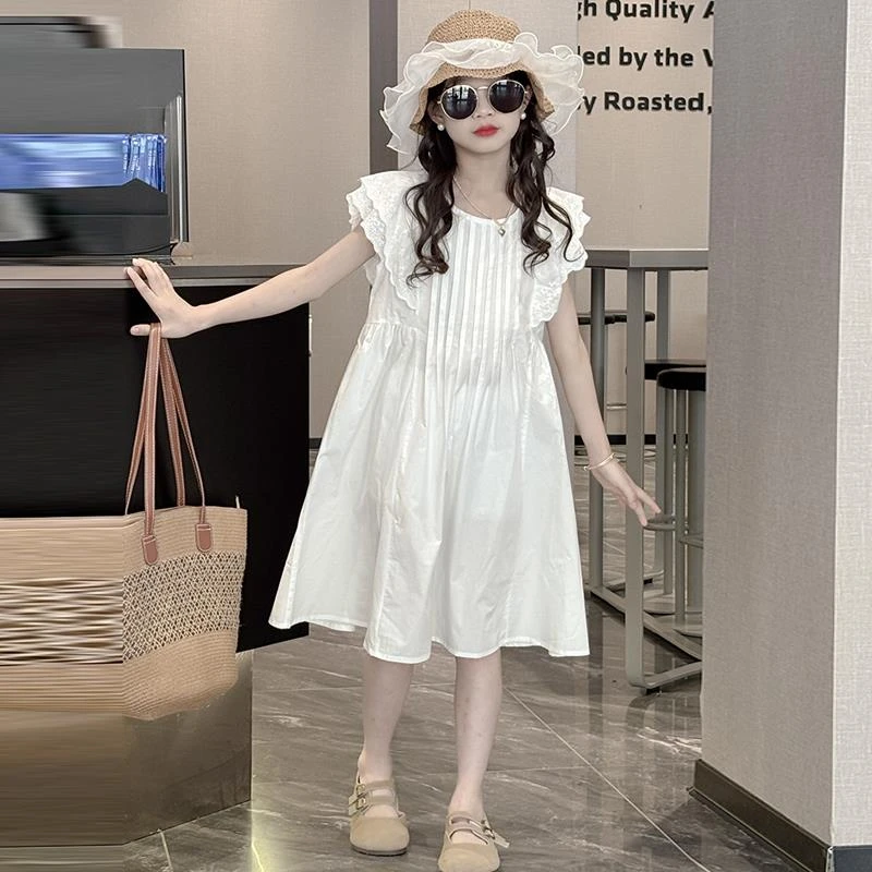 FAVMARTHA.女童夏装白色连衣裙洋气儿童飞飞袖公主裙女大童夏季女