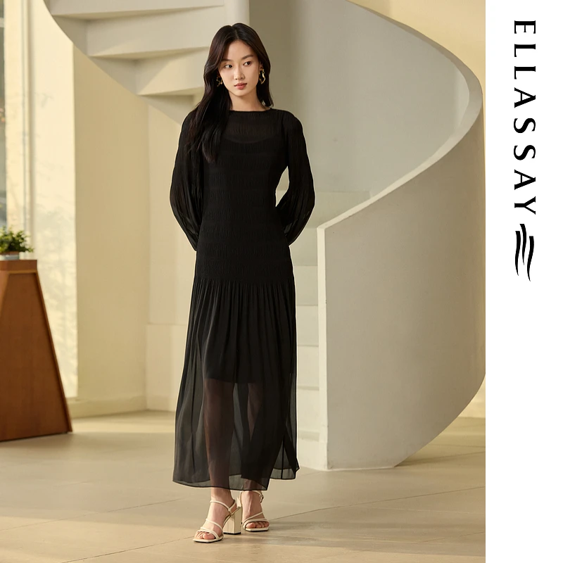 ELLASSAY歌力思2025春夏新款真两件超细压褶连衣裙女EWB363Y00700