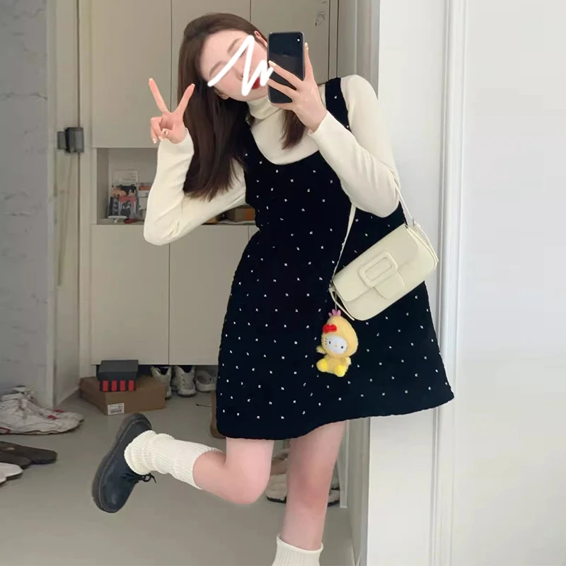 黑色波点背带套装连衣裙子女秋冬季2025新款小个子穿搭一整套J282