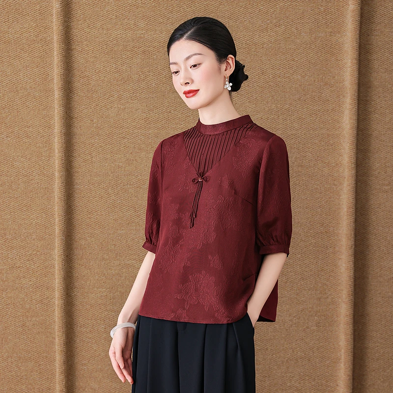 齐黛品牌真丝桑蚕丝女轻奢高级感上衣2025新款立领气质优雅衬衫
