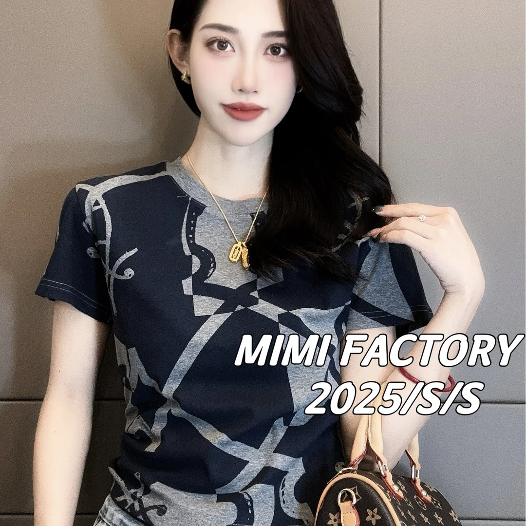 芈芈 2025新款短袖 高级感圆领满印短袖T恤女显瘦百搭上衣