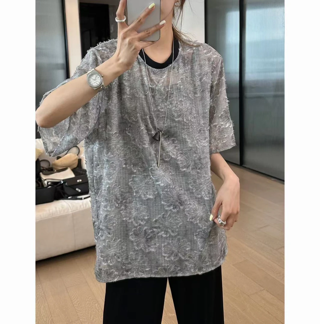 小静静一会【立体花朵上衣】2025夏款撞色领口短袖 2504C2296