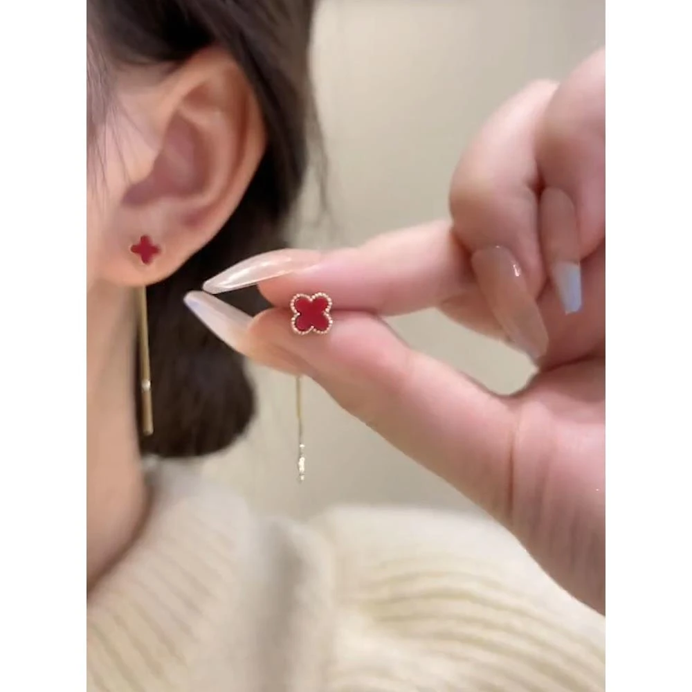 SAPTEFAMOU 925银耳饰 红色四叶草耳线女轻奢高级感气质百搭ins风