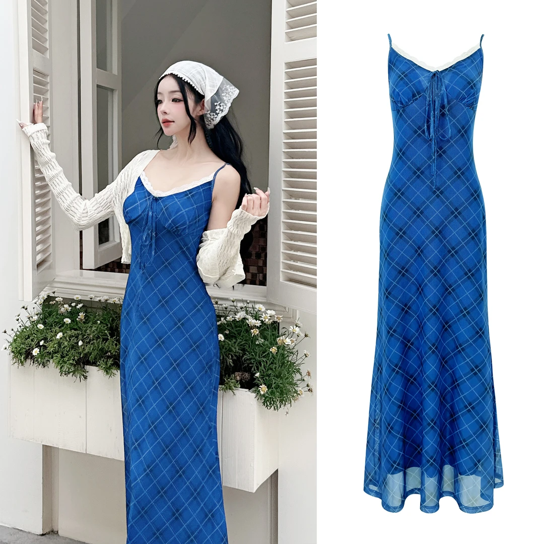 【绯闻oni】法式复古气质吊带连衣裙显白修身克莱因蓝格纹裙
